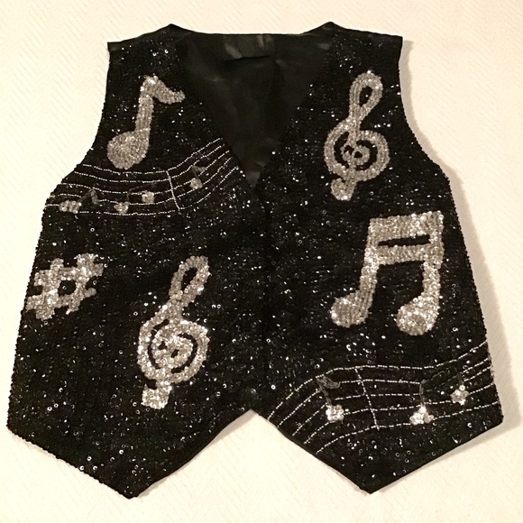 Sequin Vest musical performance stage wear full glitter music beads black silver - Picture 3 of 16